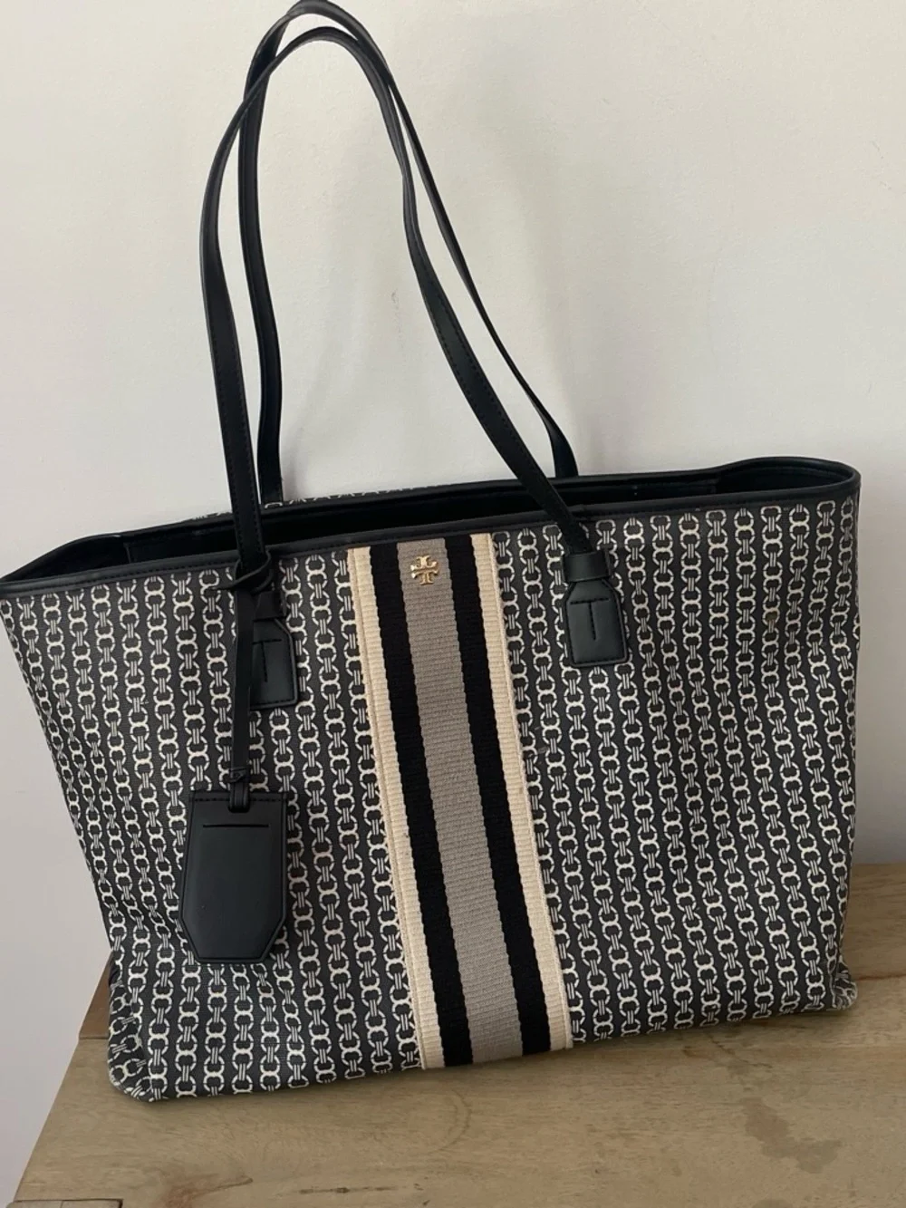 Tory Burch Black and Cream Logo Stripe Tote